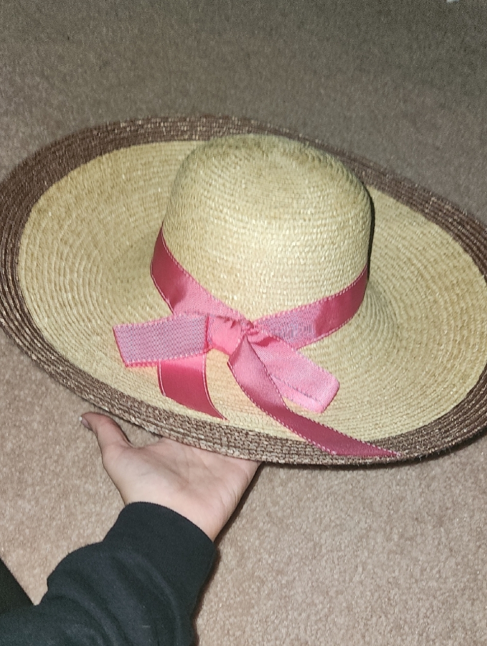 Da-Me Straw Sun Hat with Pink Ribbon Trim